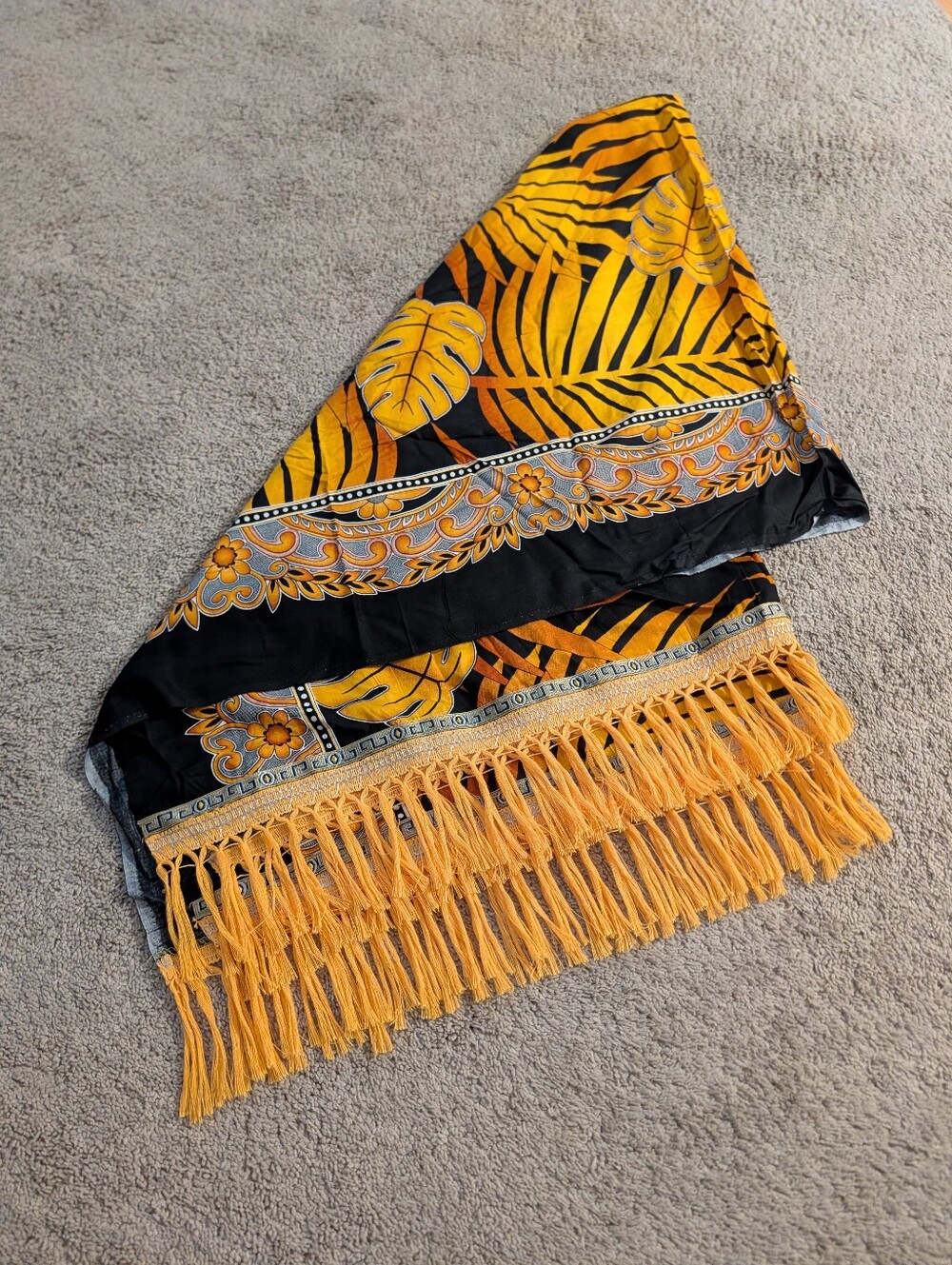 Suhendra Tropical Leaf Print Fringe Scarf Black Yellow Gold, Sarong / Scarf.